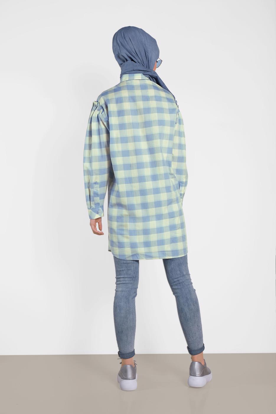 Tesettür giyim MAVİ ALVİNA KARELİ TUNİK 4441