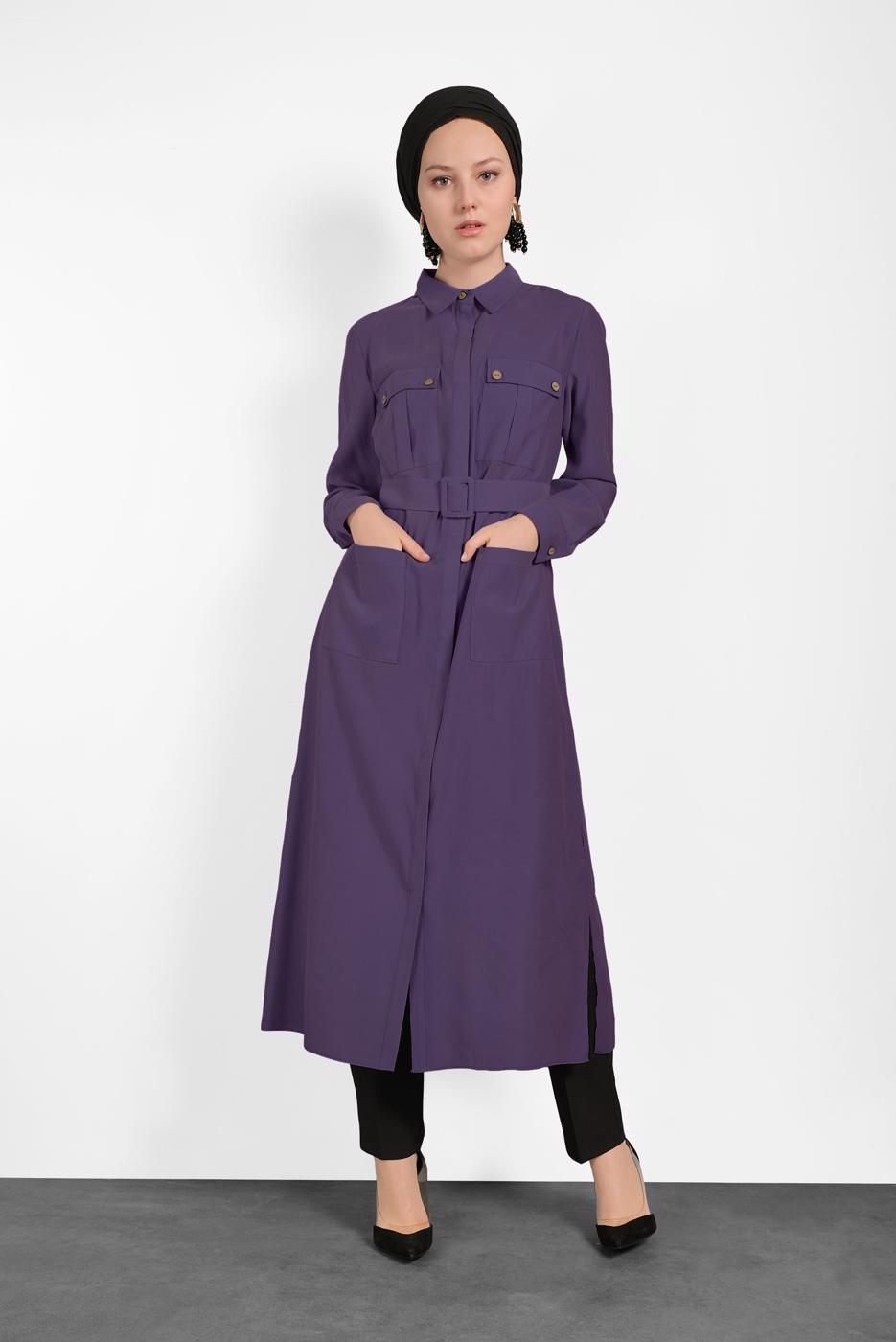 Tesettür giyim MOR ALVİNA KEMERLİ CEP DETAYLI TUNİK 4450