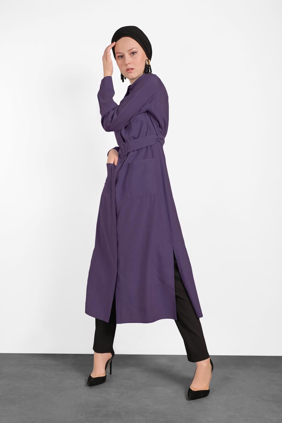 Tesettür giyim MOR ALVİNA KEMERLİ CEP DETAYLI TUNİK 4450