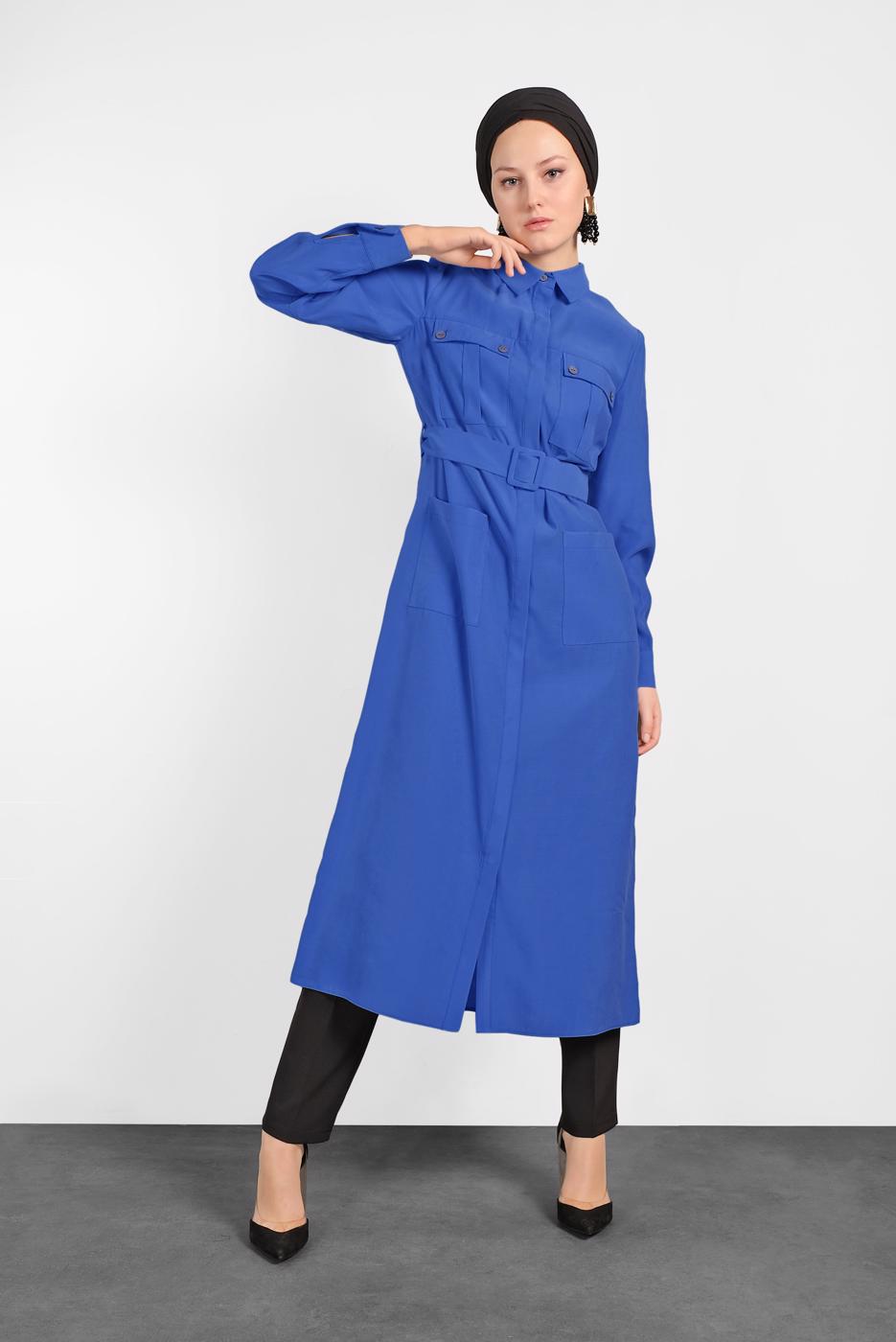 Tesettür giyim LACİVERT ALVİNA KEMERLİ CEP DETAYLI TUNİK 4450