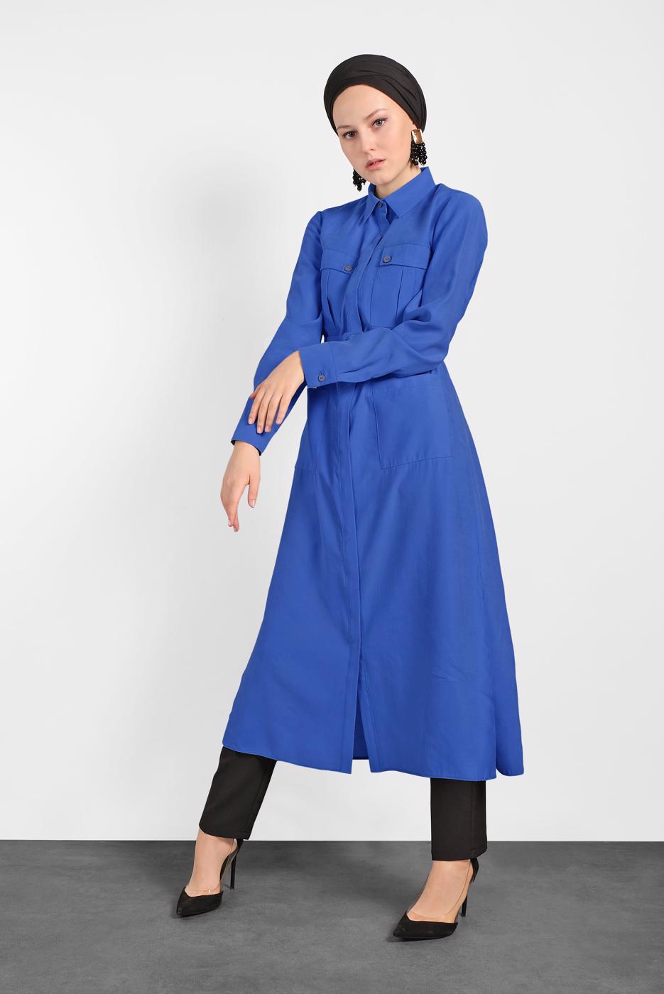 Tesettür giyim LACİVERT ALVİNA KEMERLİ CEP DETAYLI TUNİK 4450