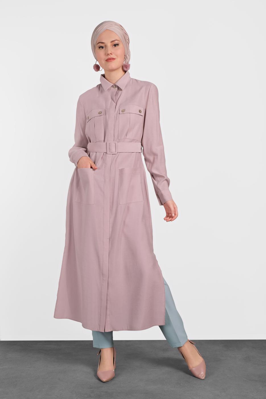 Tesettür giyim PUDRA ALVİNA KEMERLİ CEP DETAYLI TUNİK 4450