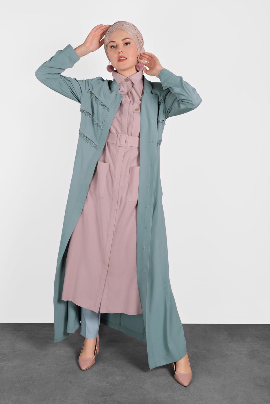 Tesettür giyim PUDRA ALVİNA KEMERLİ CEP DETAYLI TUNİK 4450