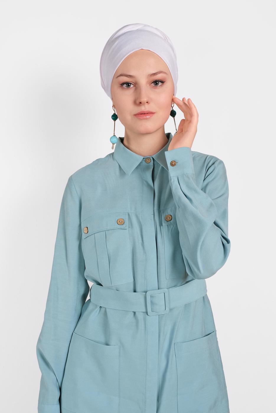 Tesettür giyim MAVİ ALVİNA KEMERLİ CEP DETAYLI TUNİK 4450