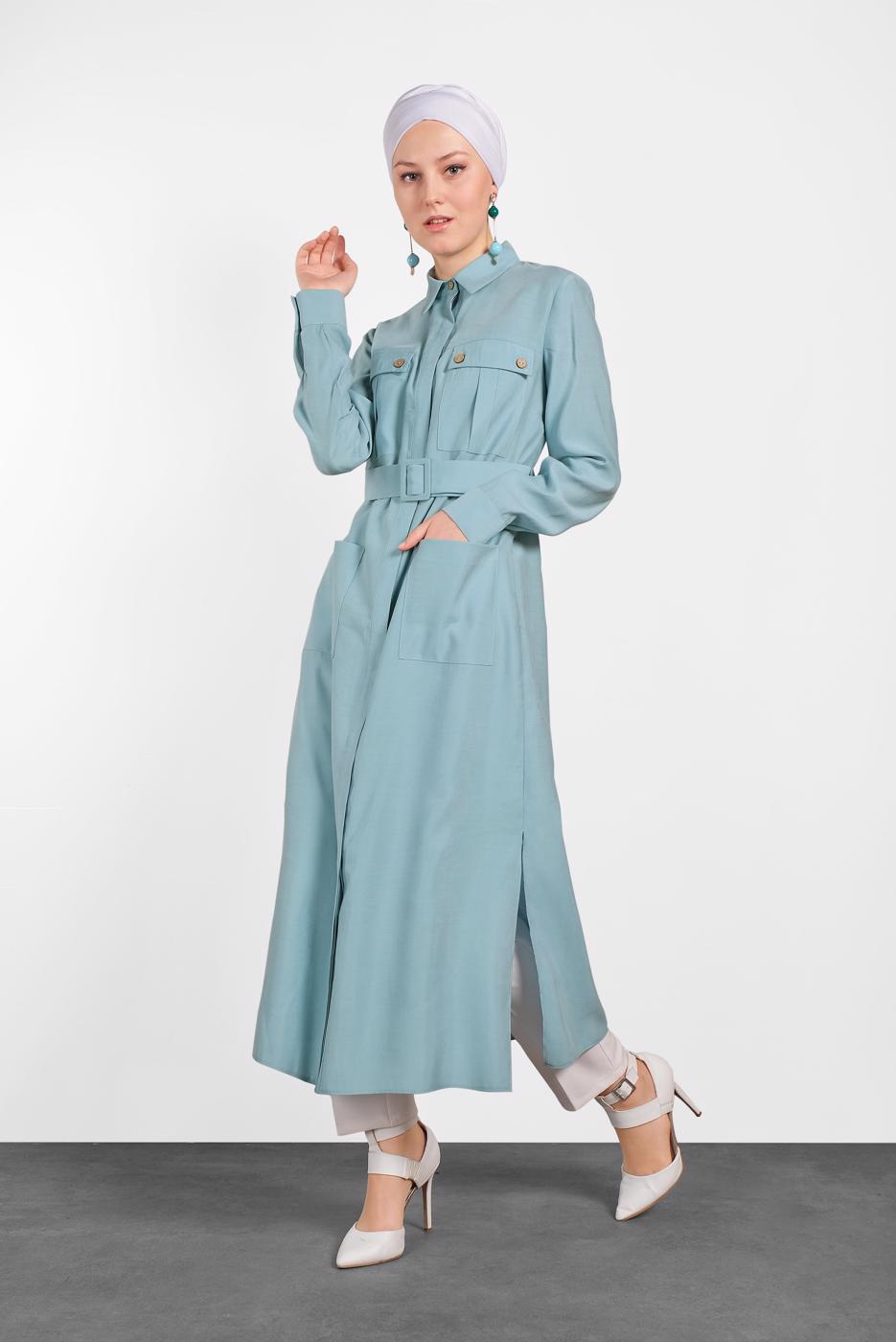 Tesettür giyim MAVİ ALVİNA KEMERLİ CEP DETAYLI TUNİK 4450