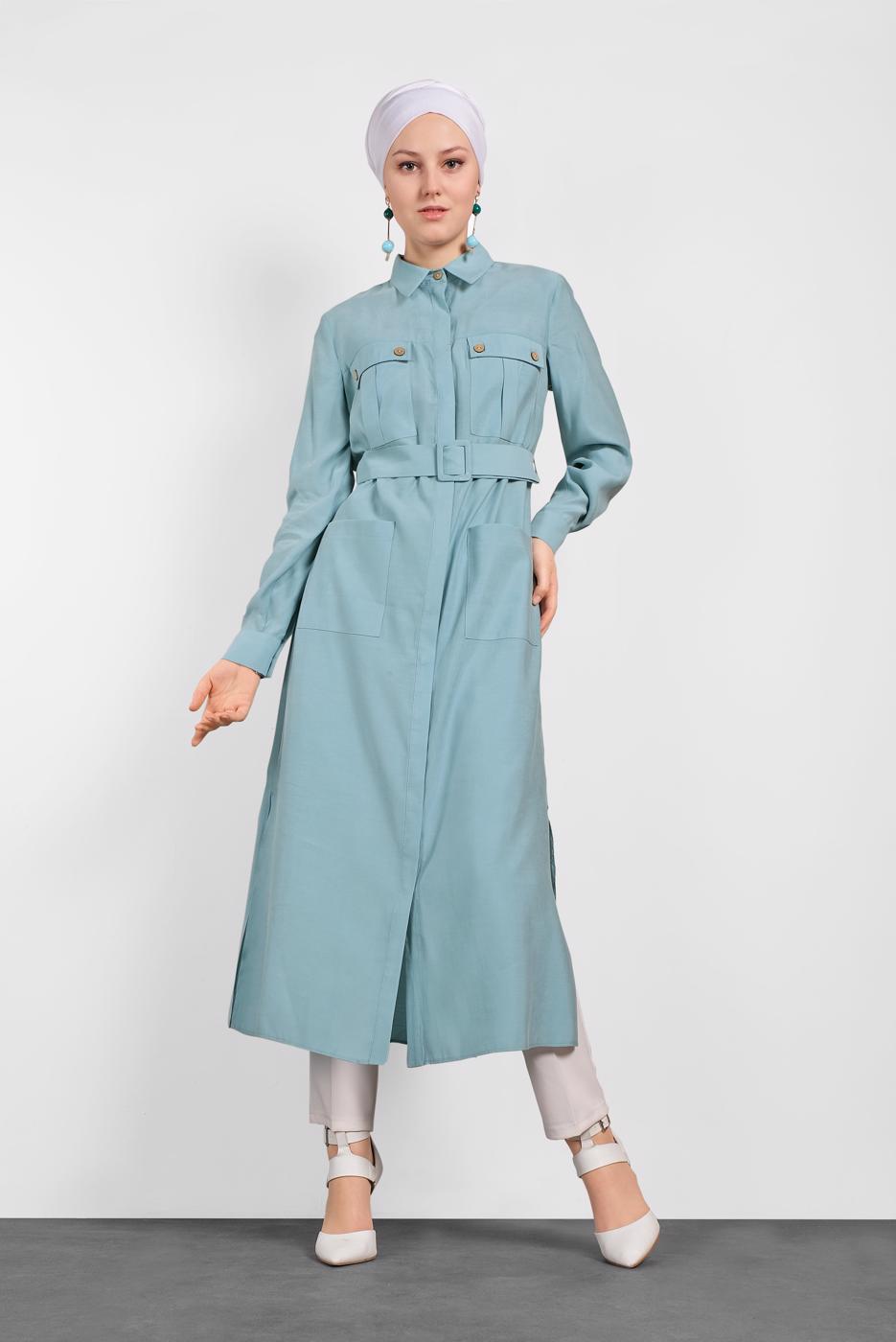 Tesettür giyim MAVİ ALVİNA KEMERLİ CEP DETAYLI TUNİK 4450