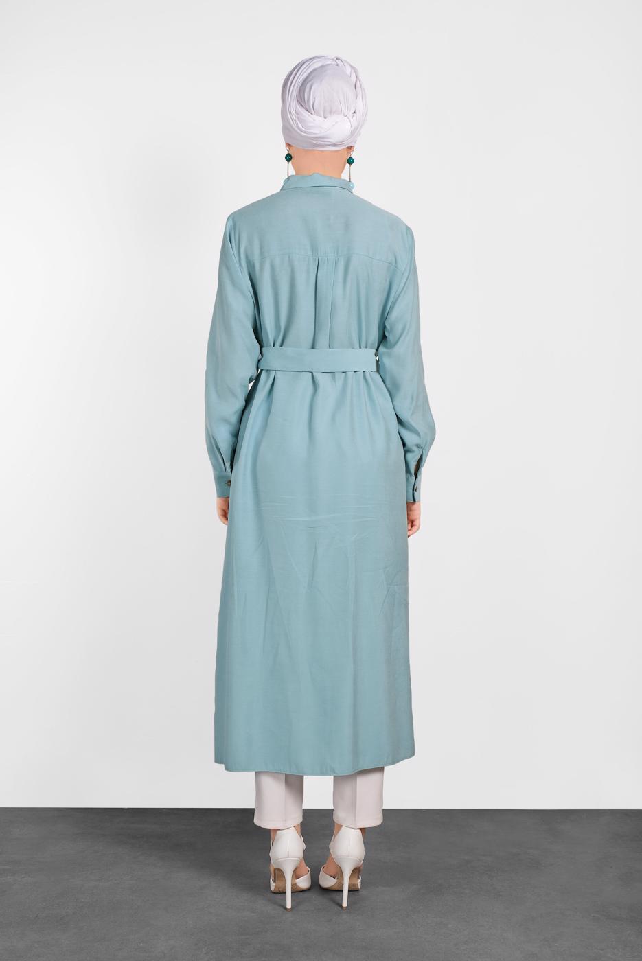 Tesettür giyim MAVİ ALVİNA KEMERLİ CEP DETAYLI TUNİK 4450