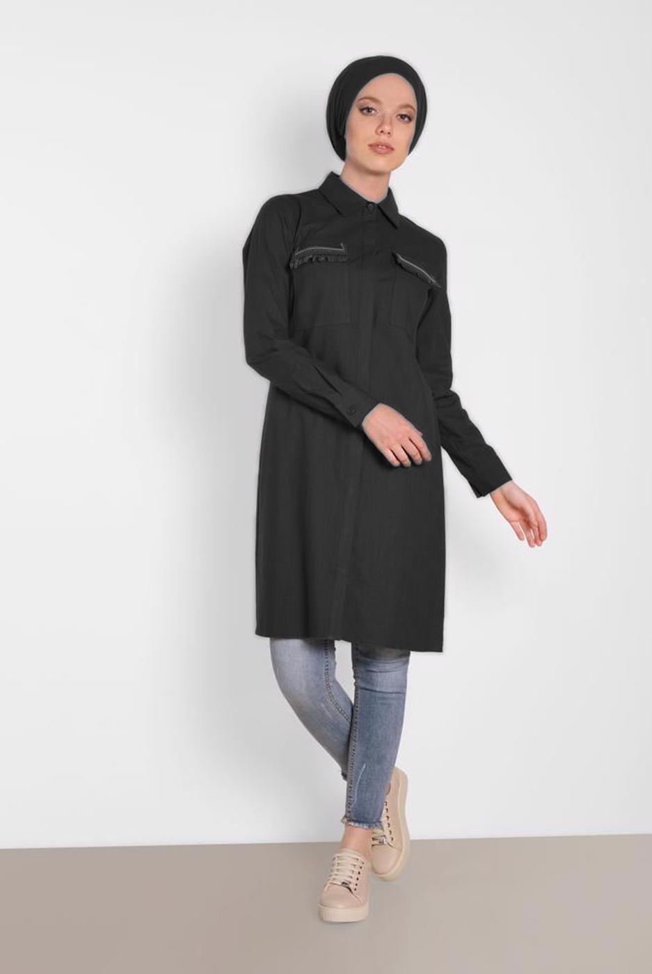 Tesettür giyim SİYAH ALVİNA CEP KISMI PÜSKÜLLÜ TUNİK 4455