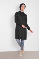 Tesettür giyim SİYAH ALVİNA CEP KISMI PÜSKÜLLÜ TUNİK 4455