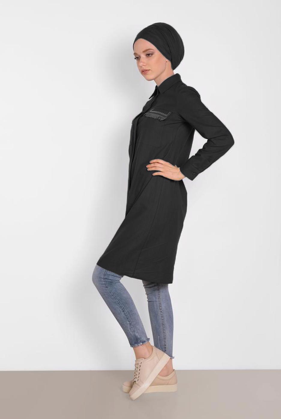 Tesettür giyim SİYAH ALVİNA CEP KISMI PÜSKÜLLÜ TUNİK 4455