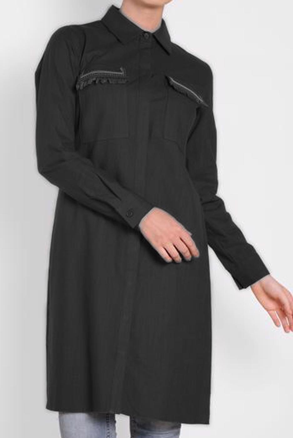 Tesettür giyim SİYAH ALVİNA CEP KISMI PÜSKÜLLÜ TUNİK 4455