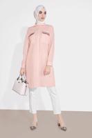 Tesettür giyim PUDRA ALVİNA CEP KISMI PÜSKÜLLÜ TUNİK 4455