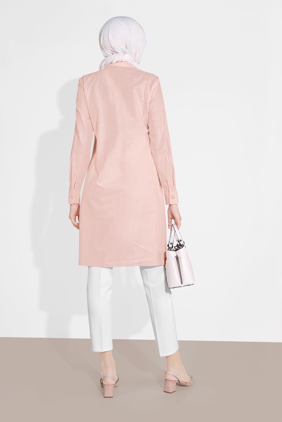Tesettür giyim PUDRA ALVİNA CEP KISMI PÜSKÜLLÜ TUNİK 4455