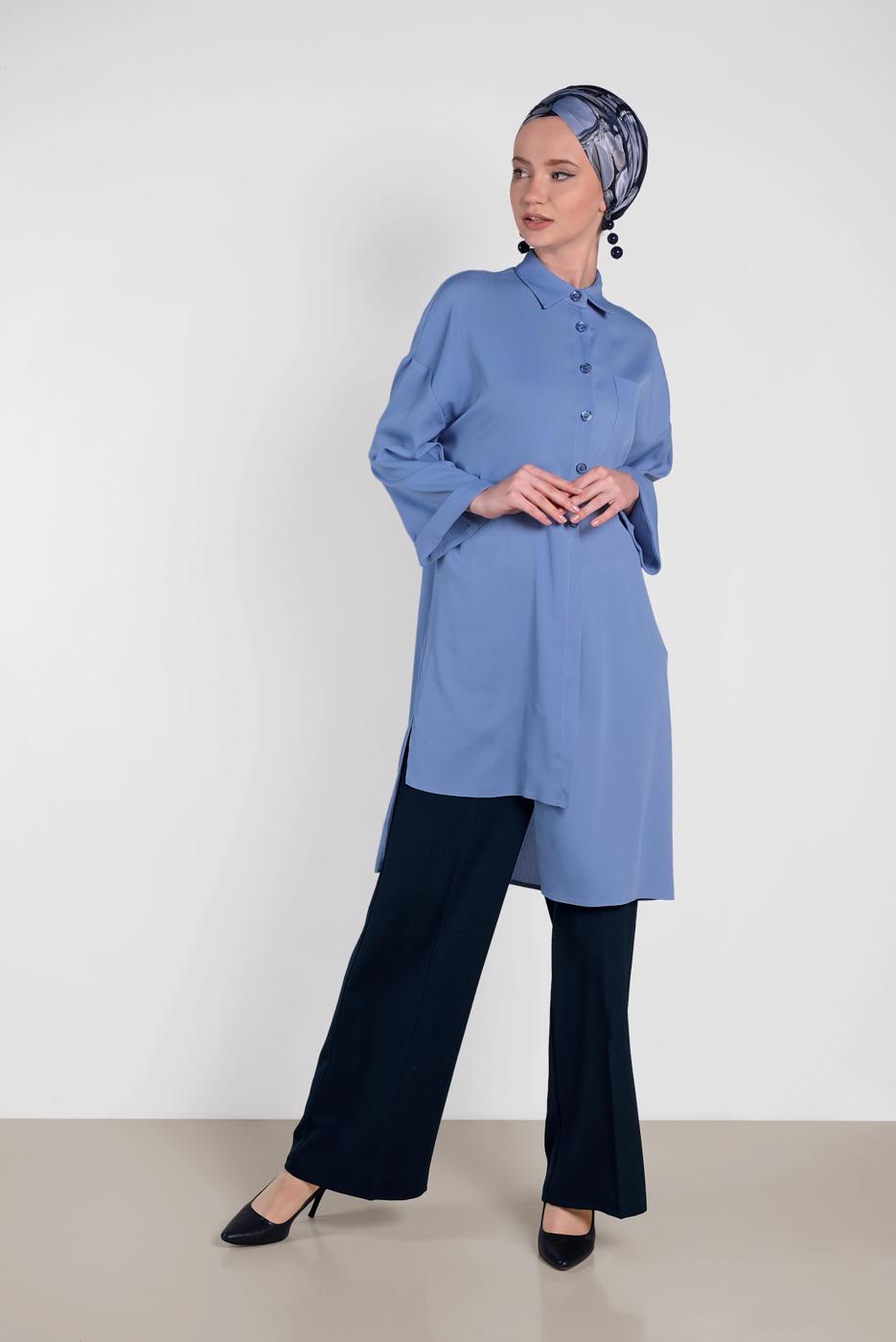 Tesettür giyim MAVİ ALVİNA ASİMETRİK KESİMLİ TUNİK 4458