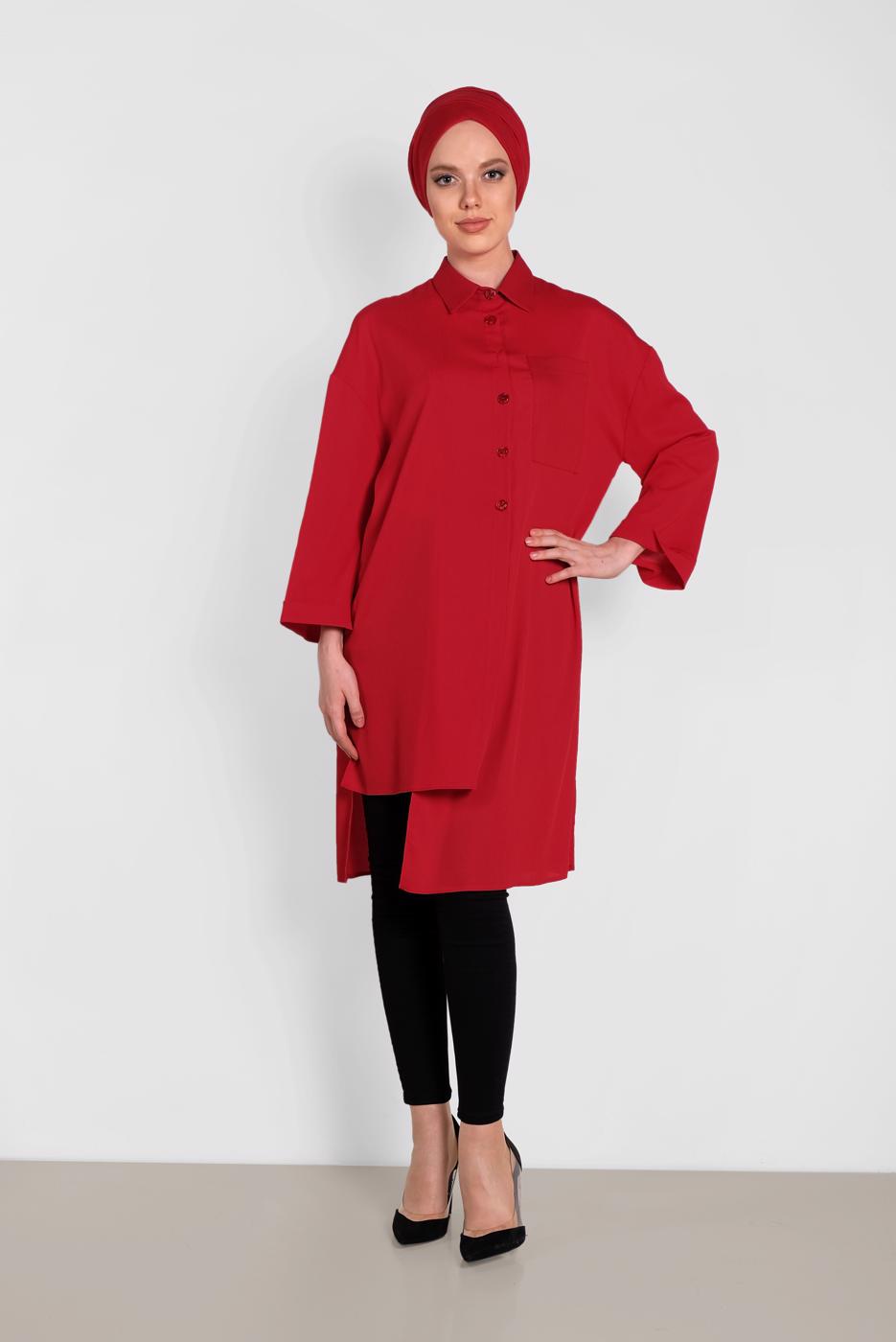 Tesettür giyim KIRMIZI ALVİNA ASİMETRİK KESİMLİ TUNİK 4458