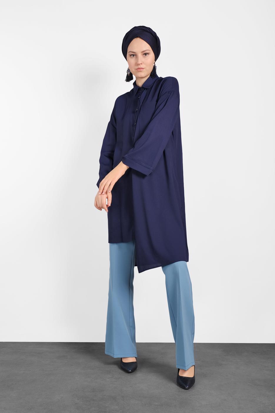 Tesettür giyim LACİVERT ALVİNA ASİMETRİK KESİMLİ TUNİK 4458