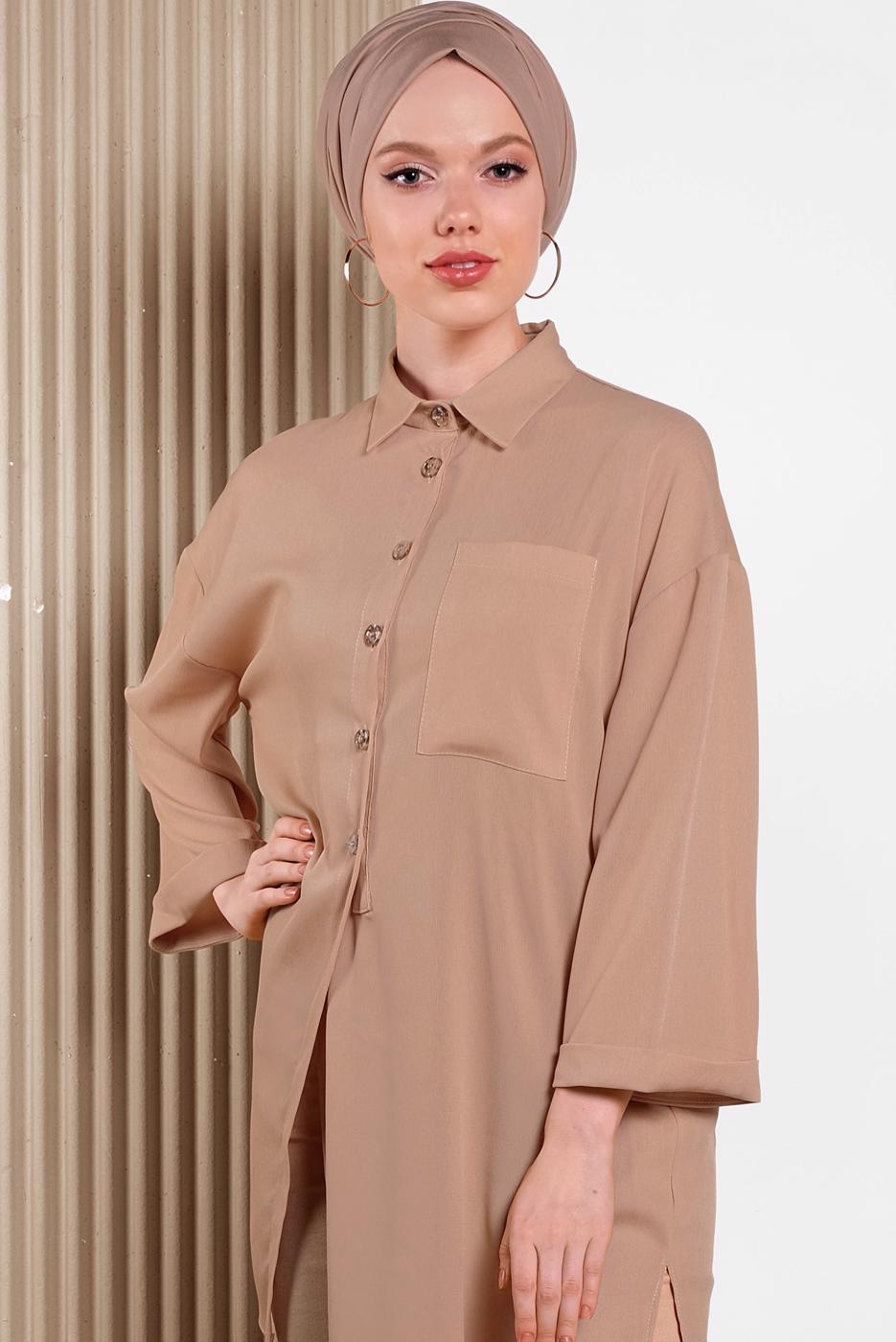 Tesettür giyim PUDRA ALVİNA ASİMETRİK KESİMLİ TUNİK 4458