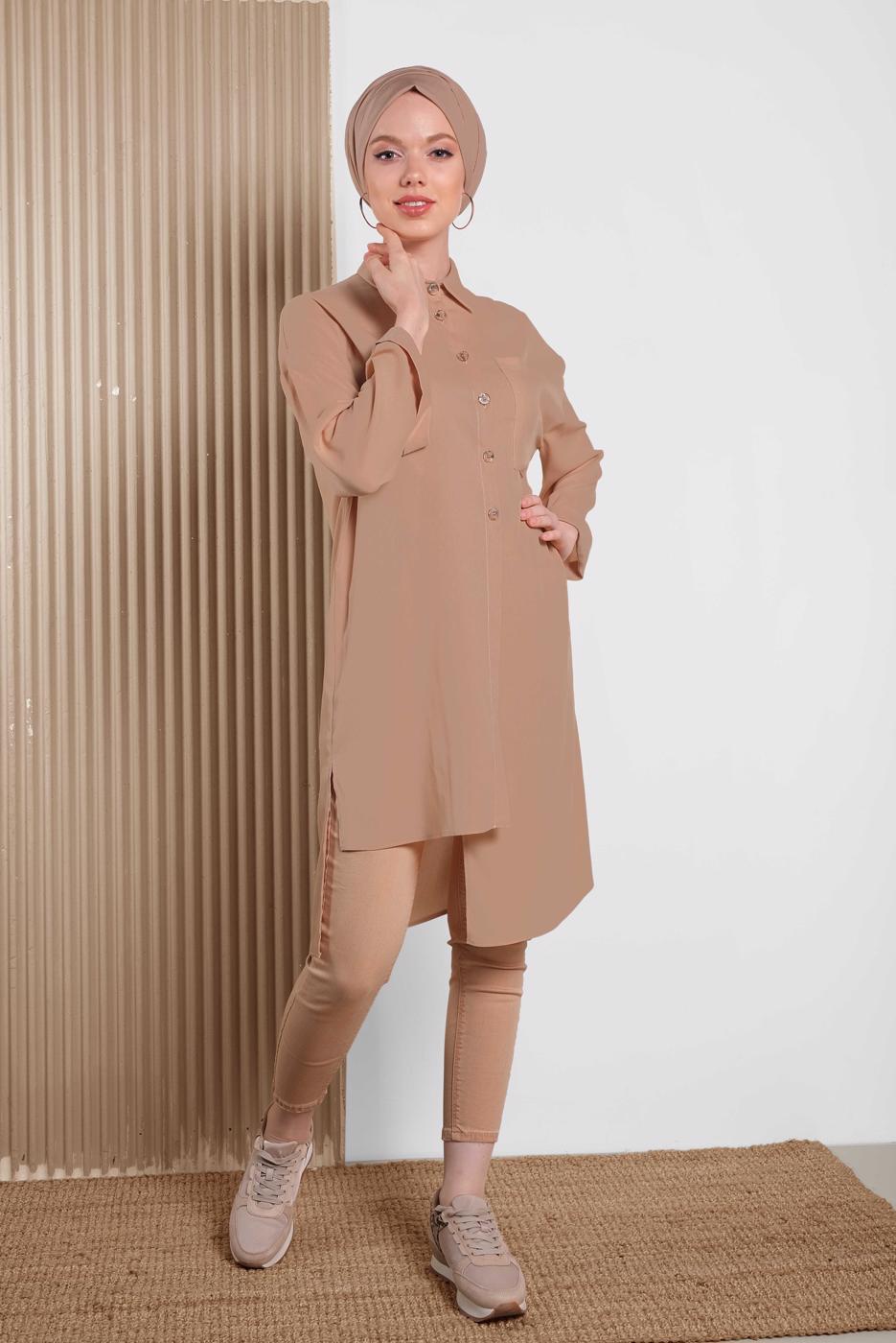 Tesettür giyim PUDRA ALVİNA ASİMETRİK KESİMLİ TUNİK 4458