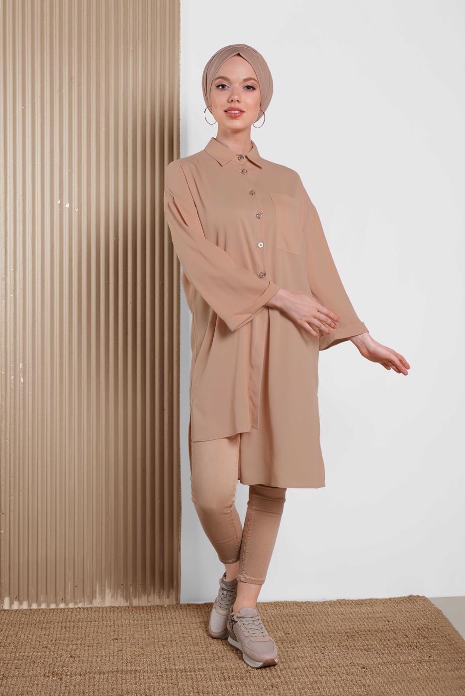 Tesettür giyim PUDRA ALVİNA ASİMETRİK KESİMLİ TUNİK 4458