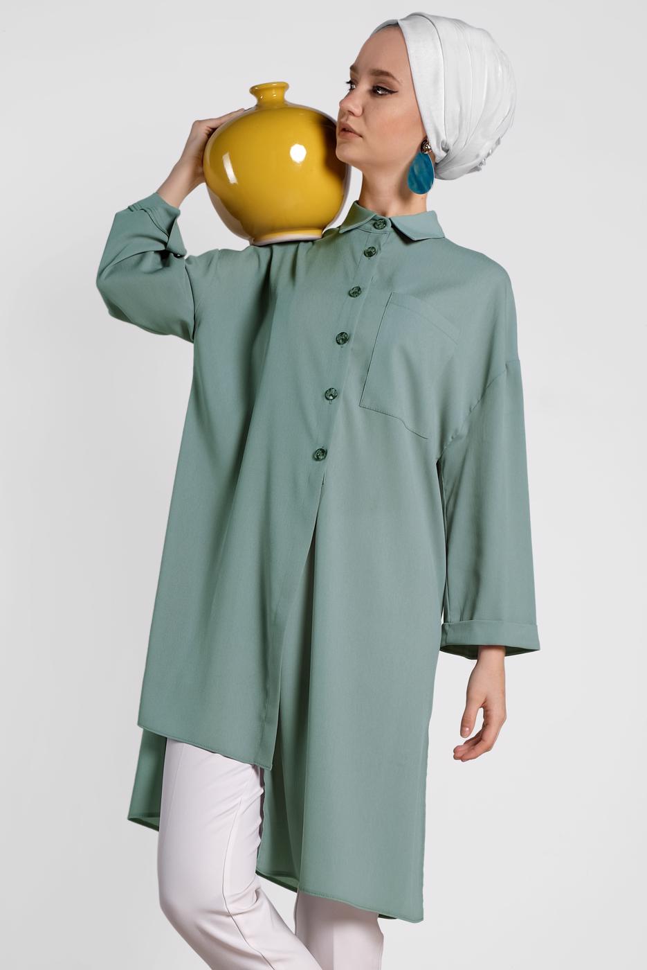 Tesettür giyim YEŞİL ALVİNA ASİMETRİK KESİMLİ TUNİK 4458