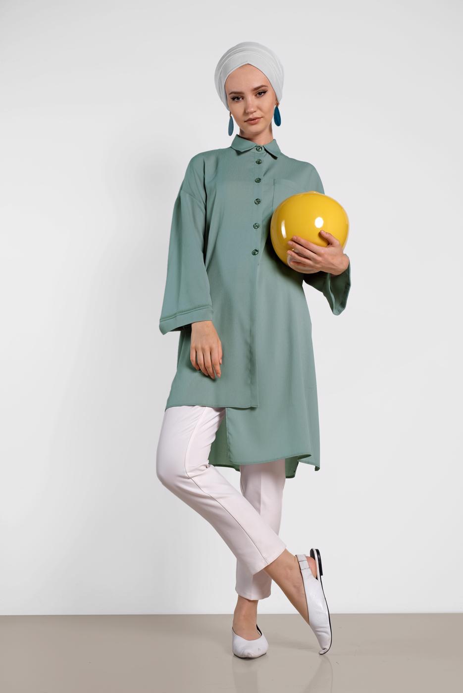 Tesettür giyim YEŞİL ALVİNA ASİMETRİK KESİMLİ TUNİK 4458