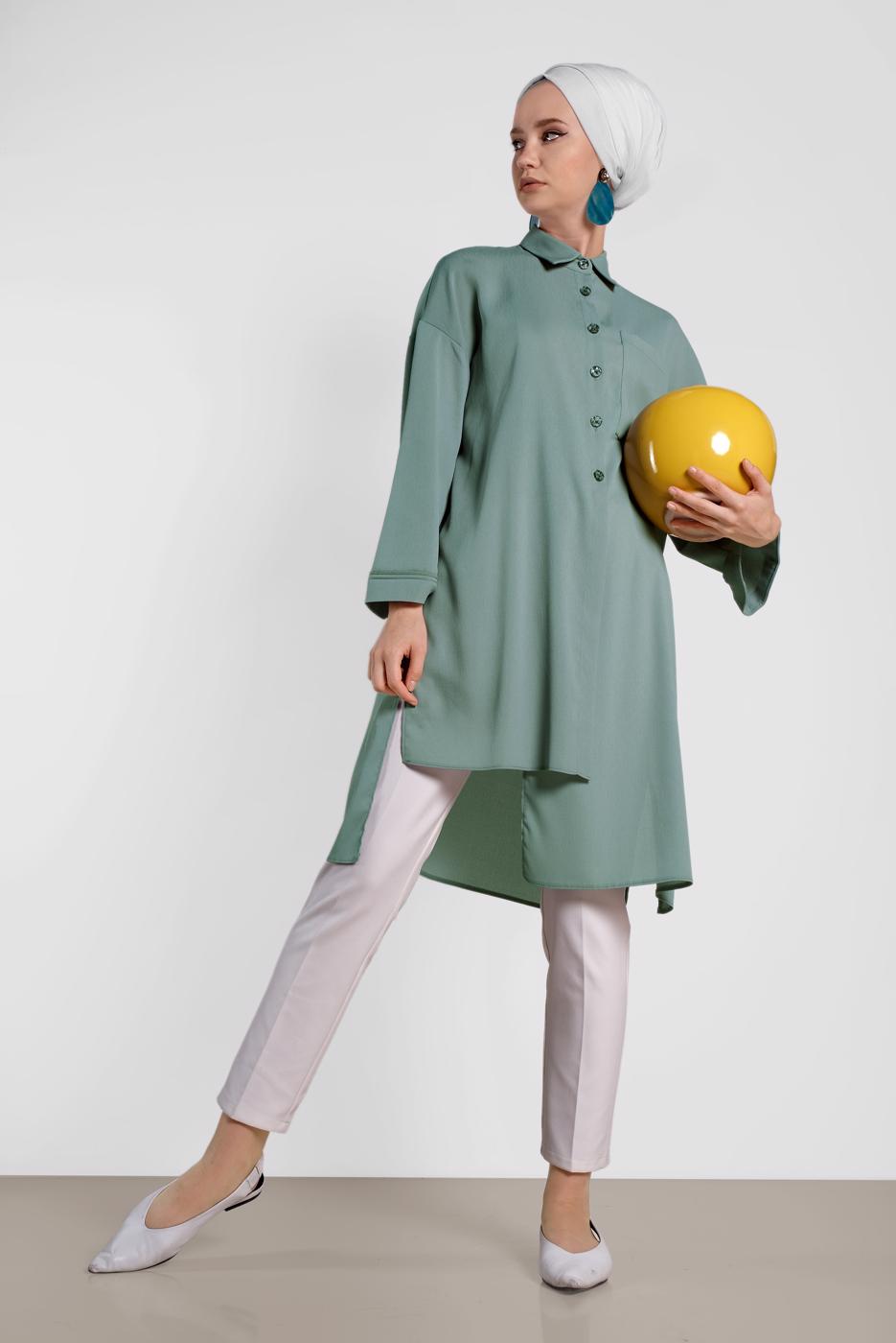 Tesettür giyim YEŞİL ALVİNA ASİMETRİK KESİMLİ TUNİK 4458