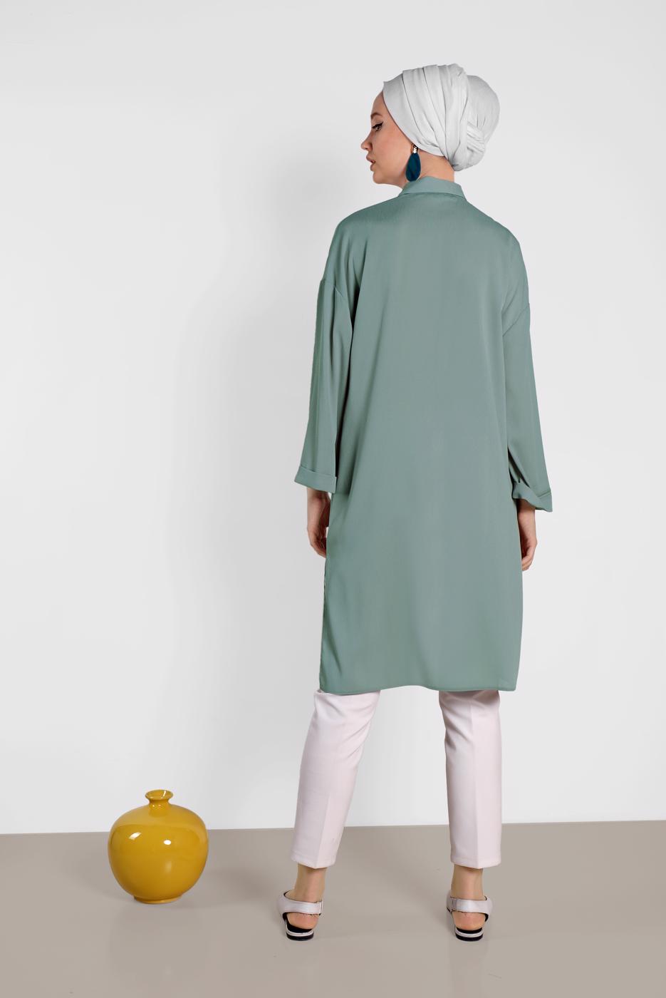 Tesettür giyim YEŞİL ALVİNA ASİMETRİK KESİMLİ TUNİK 4458