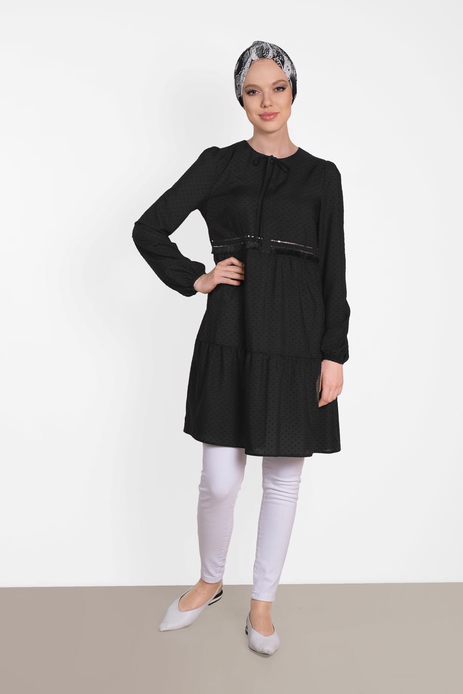 Tesettür giyim SİYAH ALVİNA PÜSKÜL DETAYLI TUNİK 4470