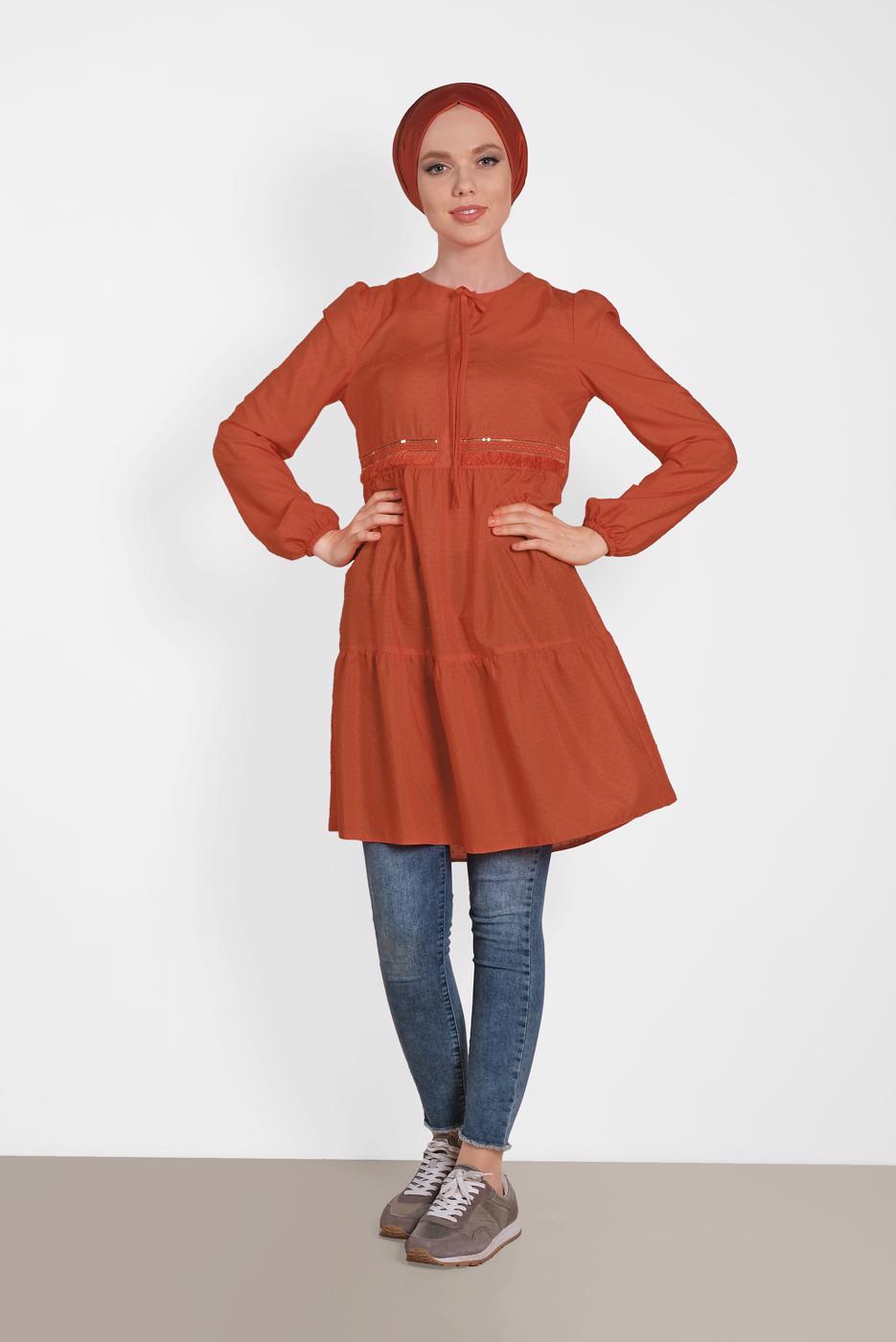 Tesettür giyim KAHVE ALVİNA PÜSKÜL DETAYLI TUNİK 4470