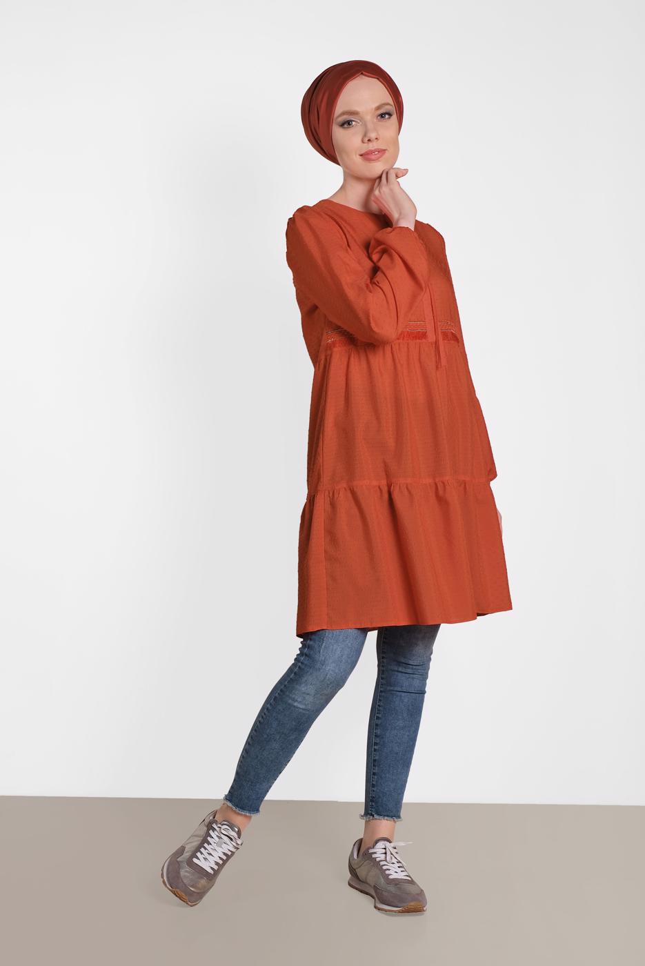 Tesettür giyim KAHVE ALVİNA PÜSKÜL DETAYLI TUNİK 4470
