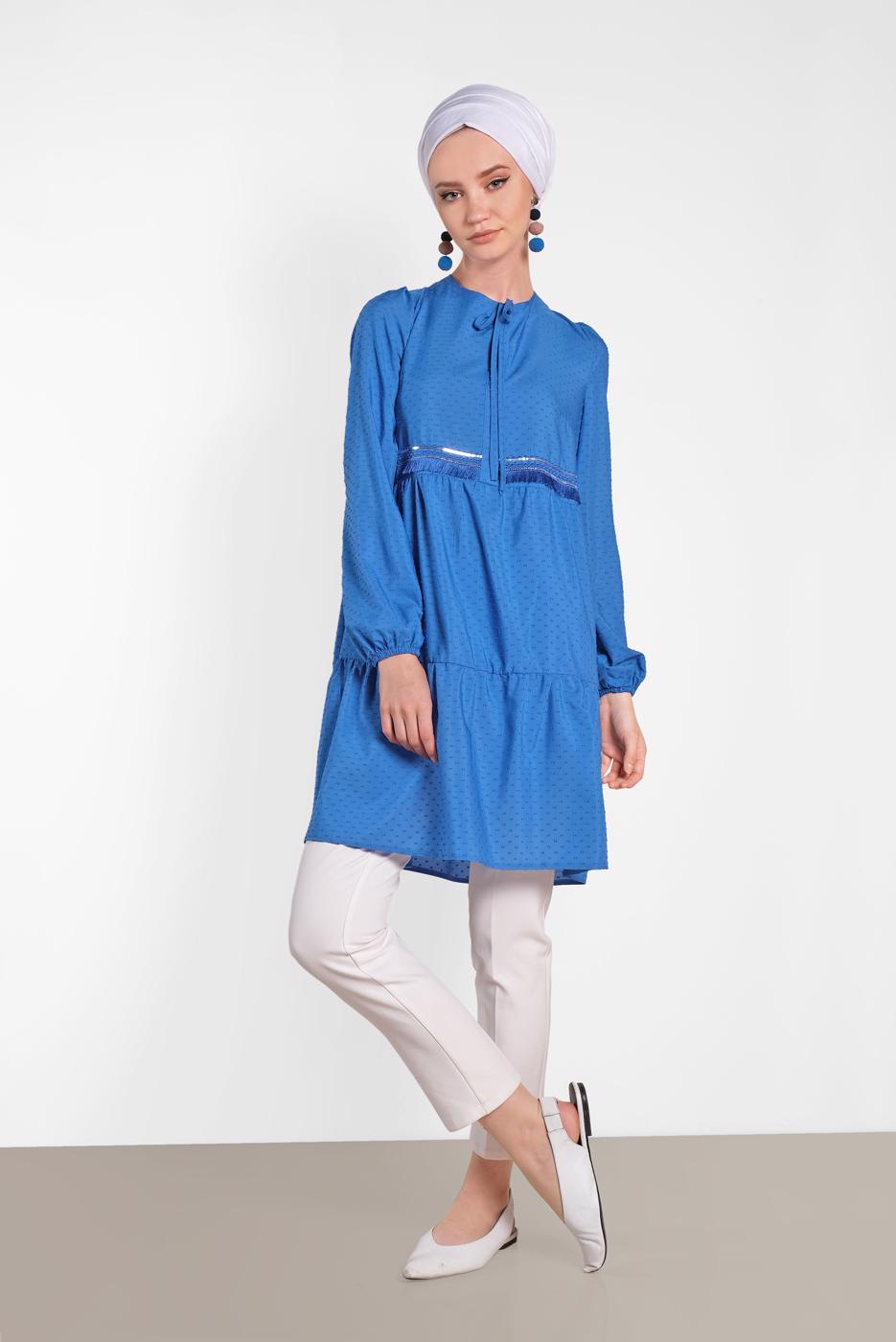 Tesettür giyim LACİVERT ALVİNA PÜSKÜL DETAYLI TUNİK 4470