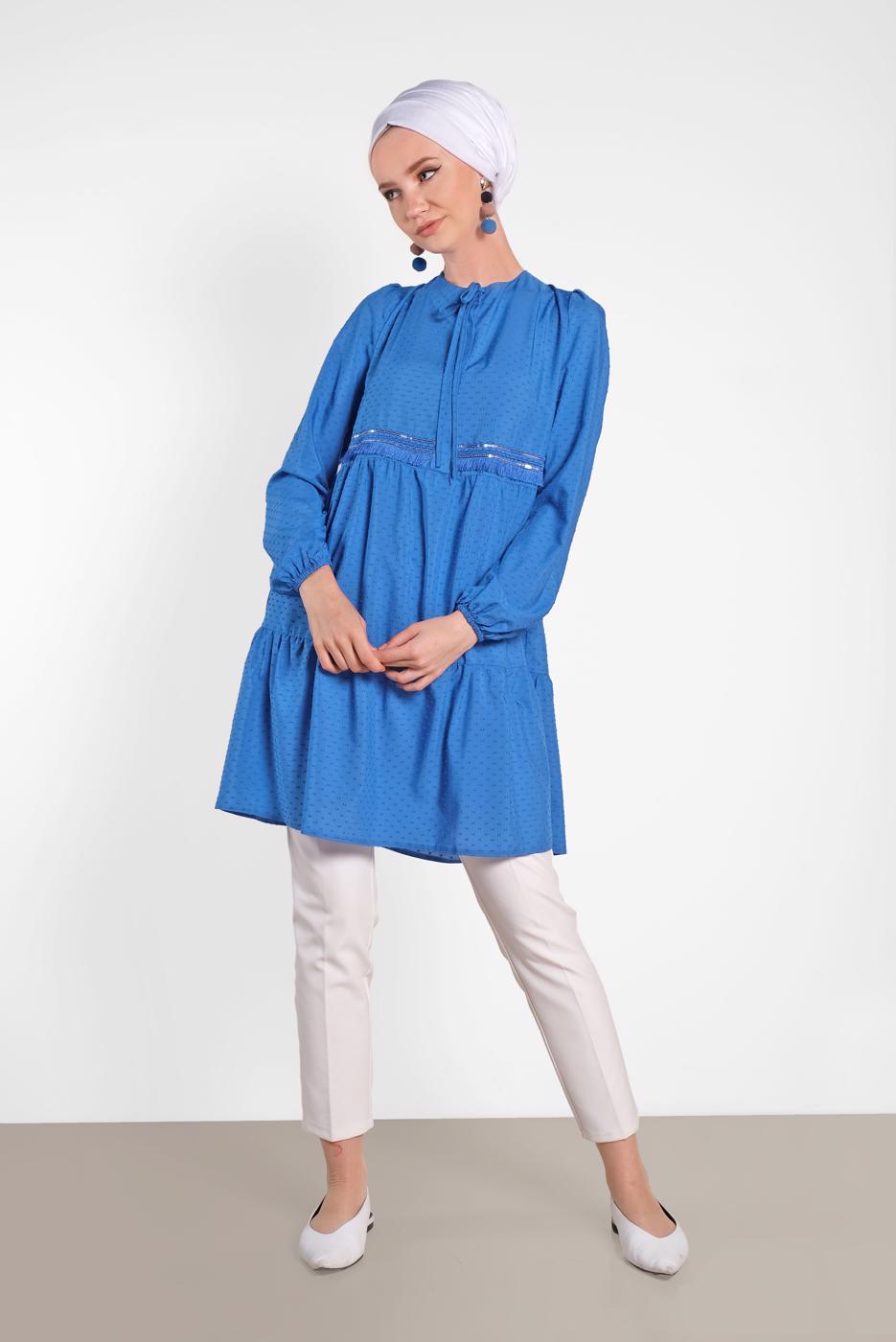 Tesettür giyim LACİVERT ALVİNA PÜSKÜL DETAYLI TUNİK 4470