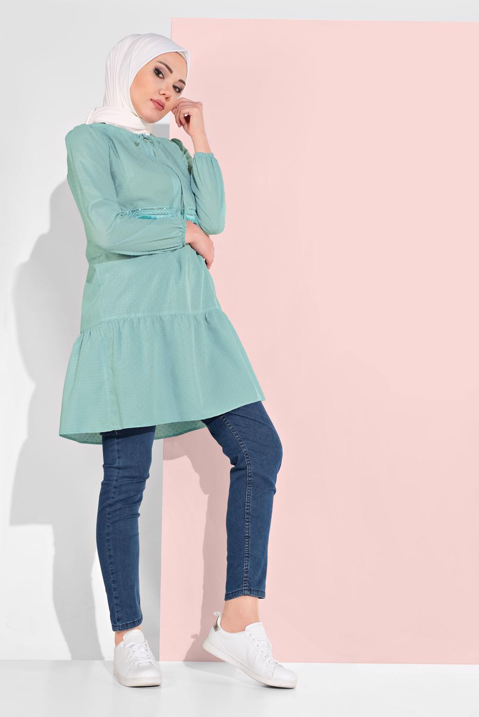 Tesettür giyim MAVİ ALVİNA PÜSKÜL DETAYLI TUNİK 4470