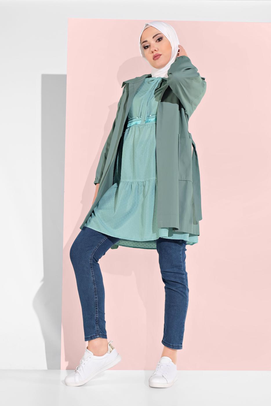 Tesettür giyim MAVİ ALVİNA PÜSKÜL DETAYLI TUNİK 4470