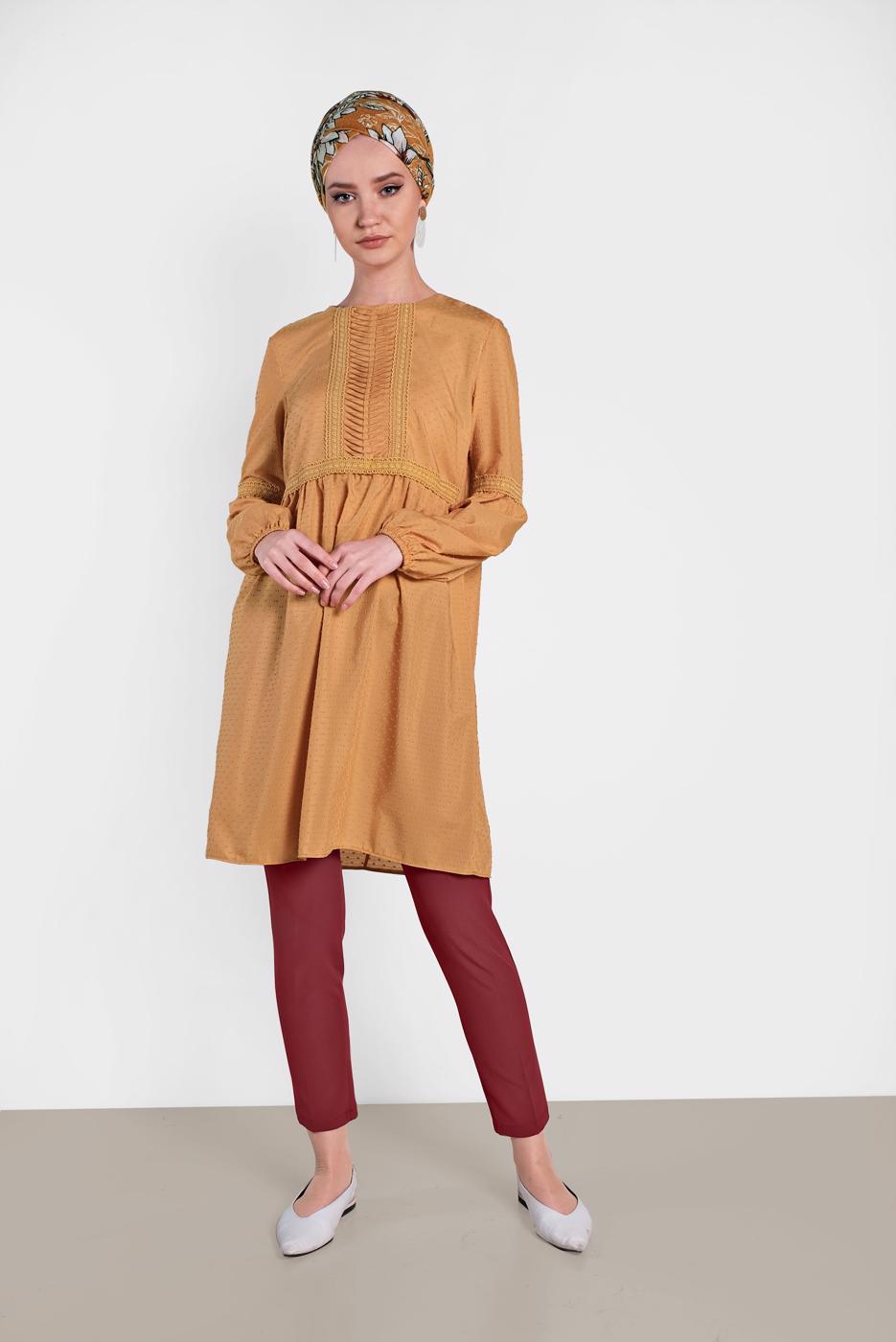 Tesettür giyim TURUNCU ALVİNA ÖNÜ DANTEL DETAYLI TUNİK 4471