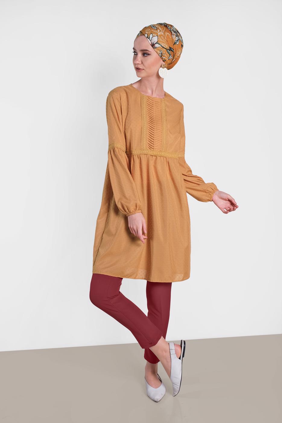 Tesettür giyim TURUNCU ALVİNA ÖNÜ DANTEL DETAYLI TUNİK 4471