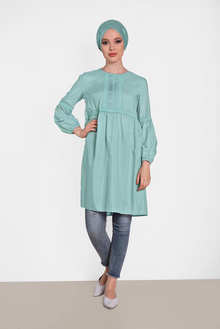 Tesettür giyim MAVİ ALVİNA ÖNÜ DANTEL DETAYLI TUNİK 4471