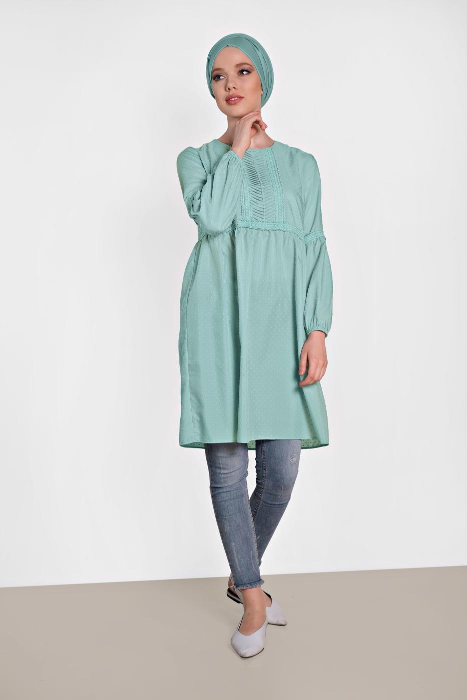 Tesettür giyim MAVİ ALVİNA ÖNÜ DANTEL DETAYLI TUNİK 4471