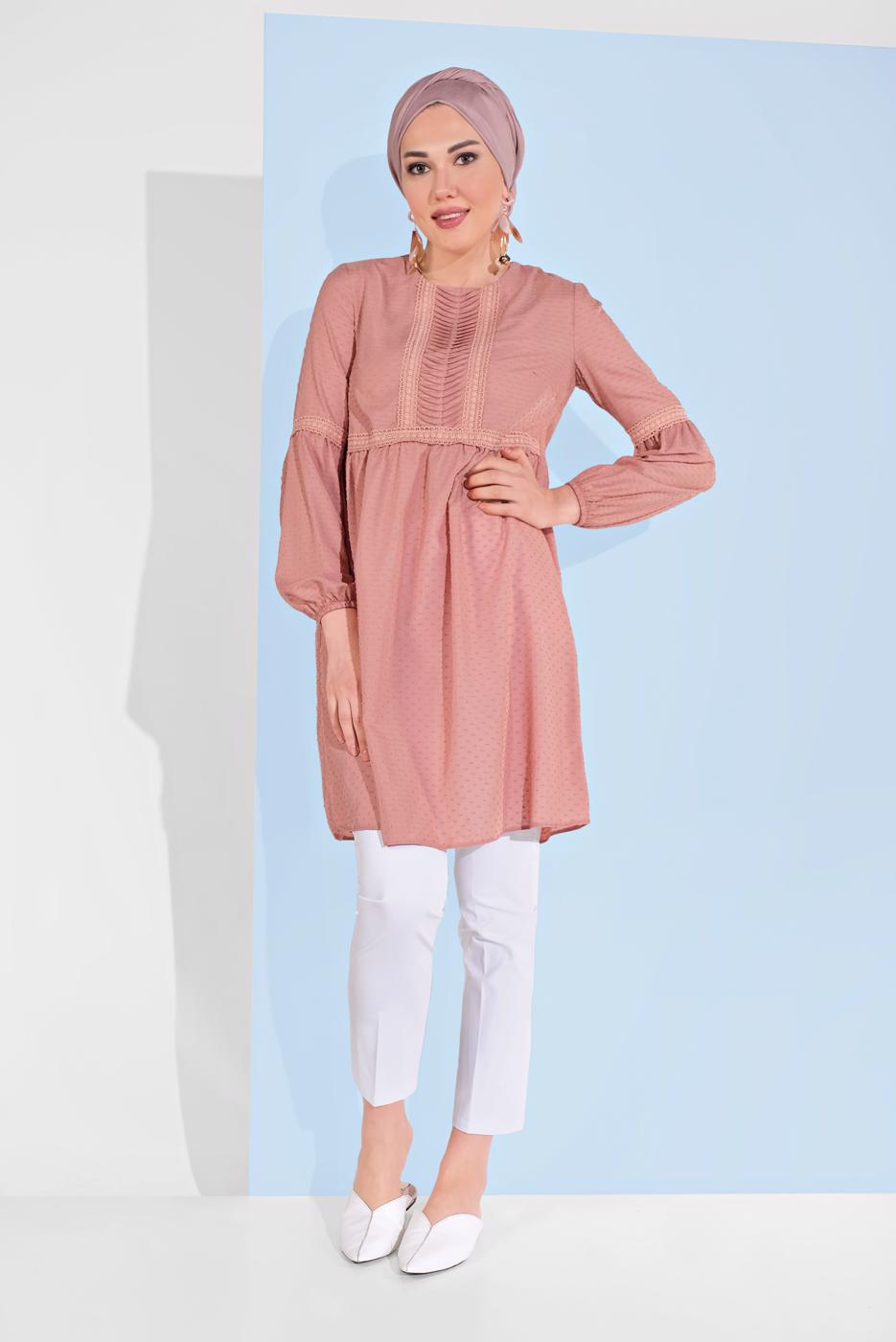 Tesettür giyim PEMBE ALVİNA ÖNÜ DANTEL DETAYLI TUNİK 4471