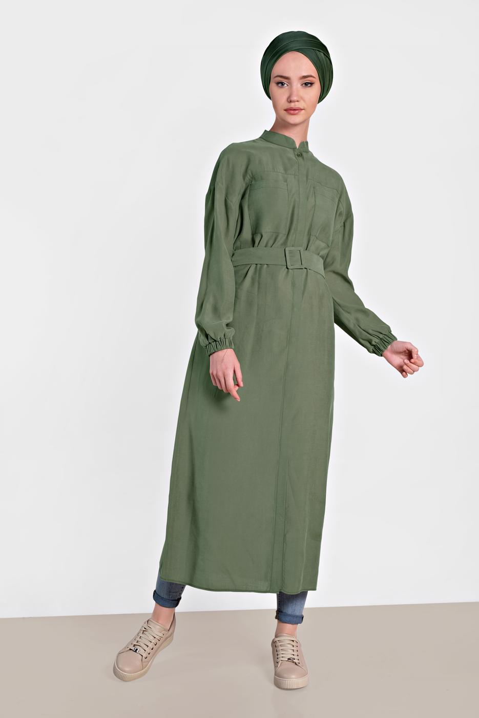 Tesettür giyim HAKİ ALVİNA KOLU LASTİK DETAYLI KEMERLİ TUNİK 4473