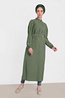 Tesettür giyim HAKİ ALVİNA KOLU LASTİK DETAYLI KEMERLİ TUNİK 4473