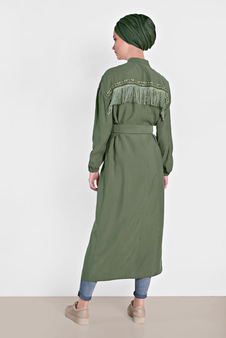 Tesettür giyim HAKİ ALVİNA KOLU LASTİK DETAYLI KEMERLİ TUNİK 4473