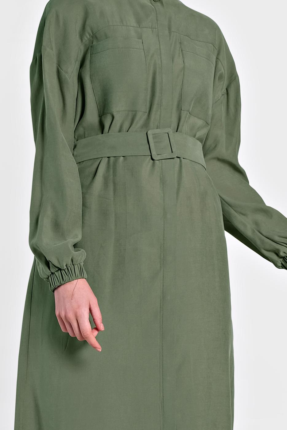 Tesettür giyim HAKİ ALVİNA KOLU LASTİK DETAYLI KEMERLİ TUNİK 4473