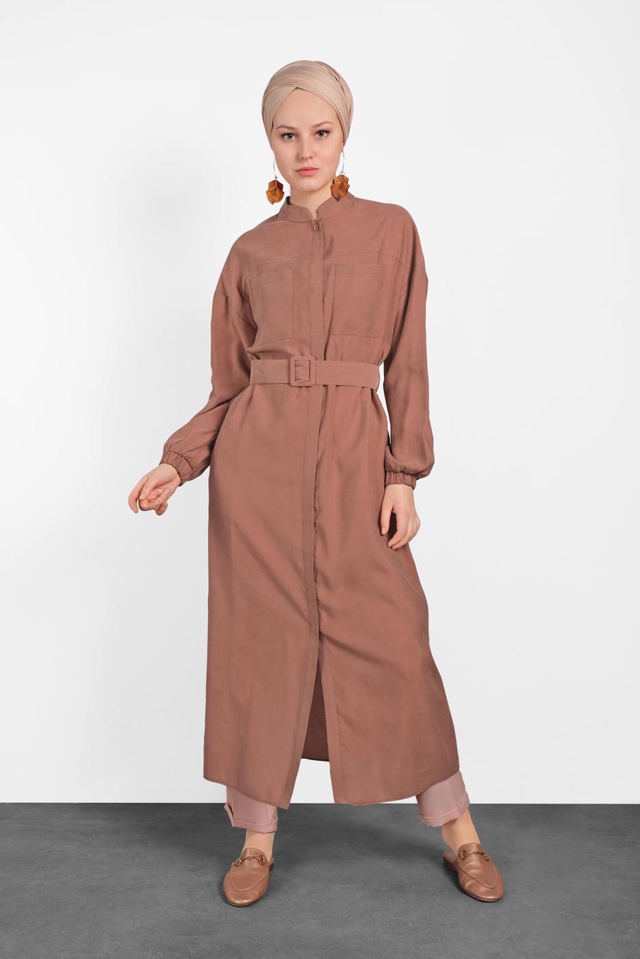 Tesettür giyim KAHVE ALVİNA KOLU LASTİK DETAYLI KEMERLİ TUNİK 4473