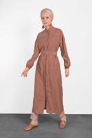 Tesettür giyim KAHVE ALVİNA KOLU LASTİK DETAYLI KEMERLİ TUNİK 4473