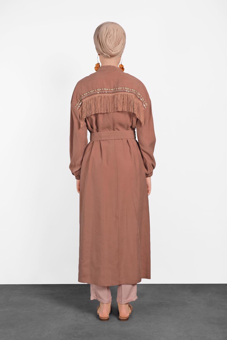 Tesettür giyim KAHVE ALVİNA KOLU LASTİK DETAYLI KEMERLİ TUNİK 4473