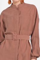 Tesettür giyim KAHVE ALVİNA KOLU LASTİK DETAYLI KEMERLİ TUNİK 4473