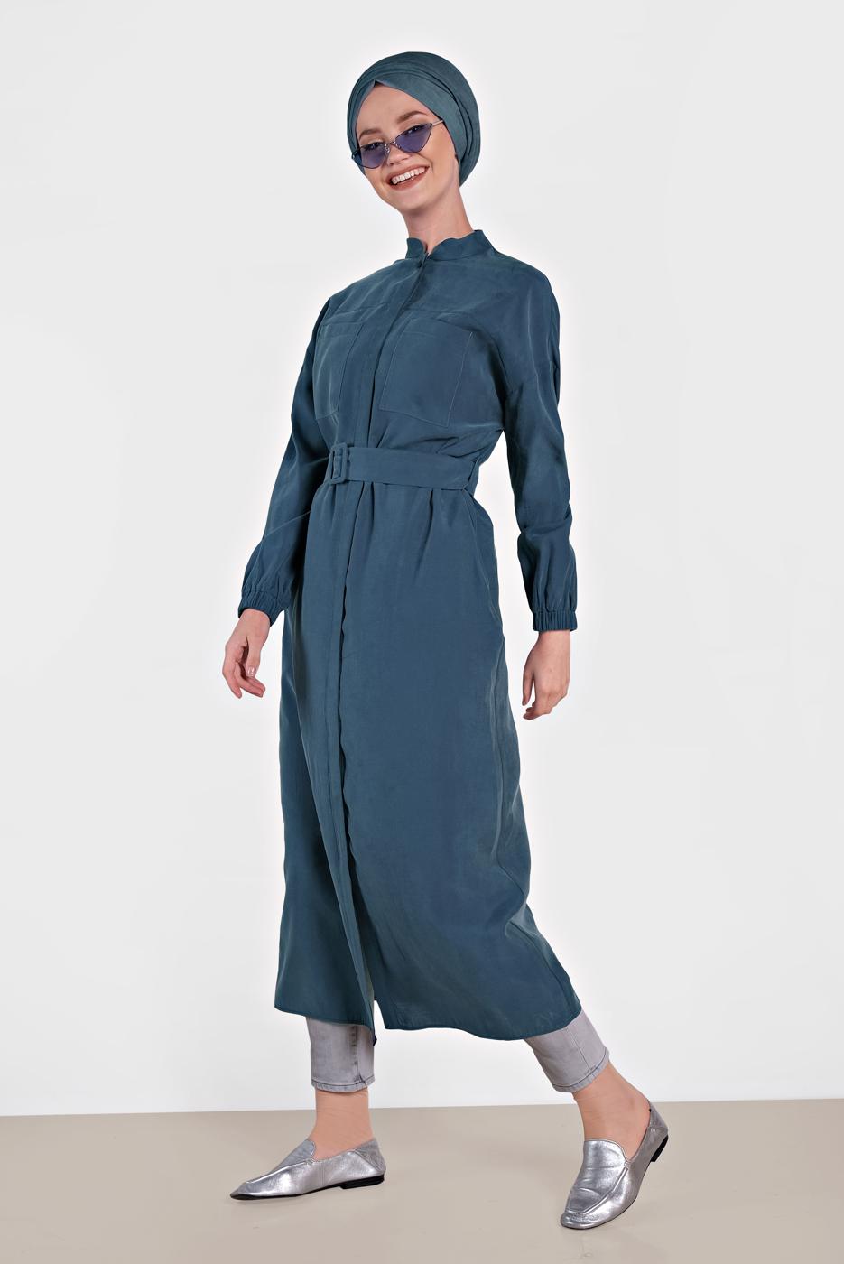 Tesettür giyim LACİVERT ALVİNA KOLU LASTİK DETAYLI KEMERLİ TUNİK 4473