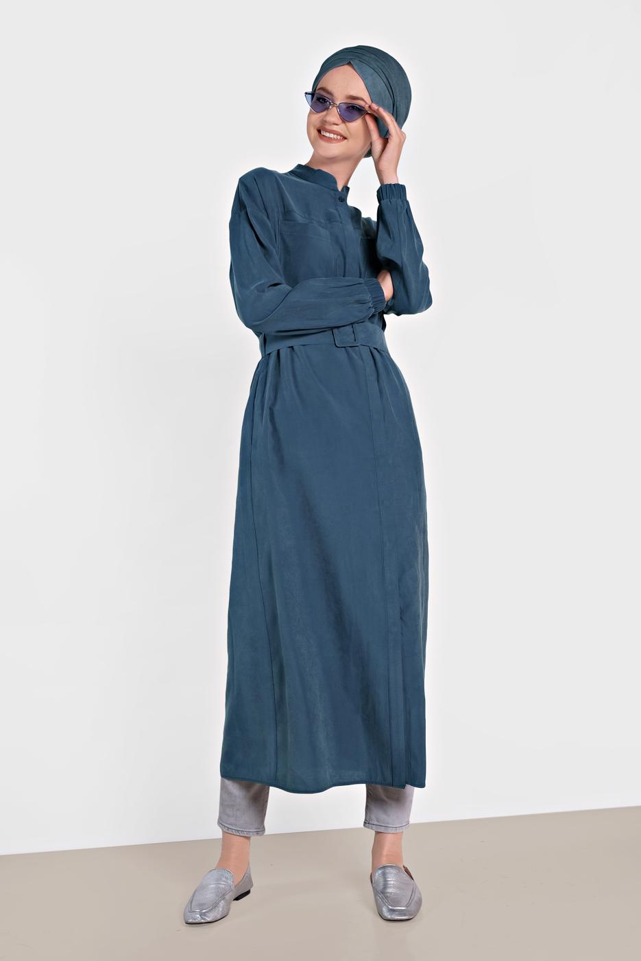 Tesettür giyim LACİVERT ALVİNA KOLU LASTİK DETAYLI KEMERLİ TUNİK 4473