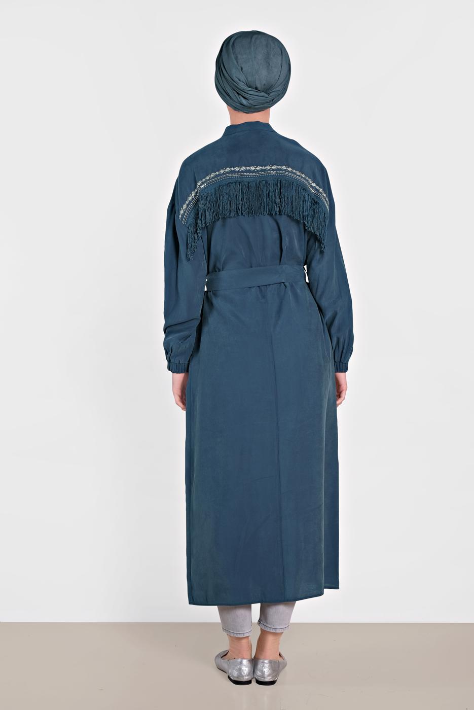 Tesettür giyim LACİVERT ALVİNA KOLU LASTİK DETAYLI KEMERLİ TUNİK 4473